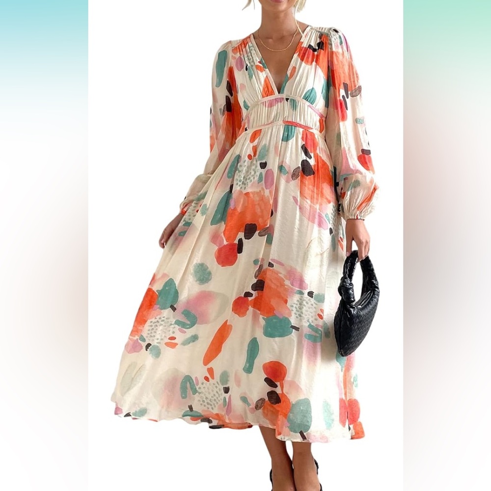 Long sleeve boho flowy floral midi dress
